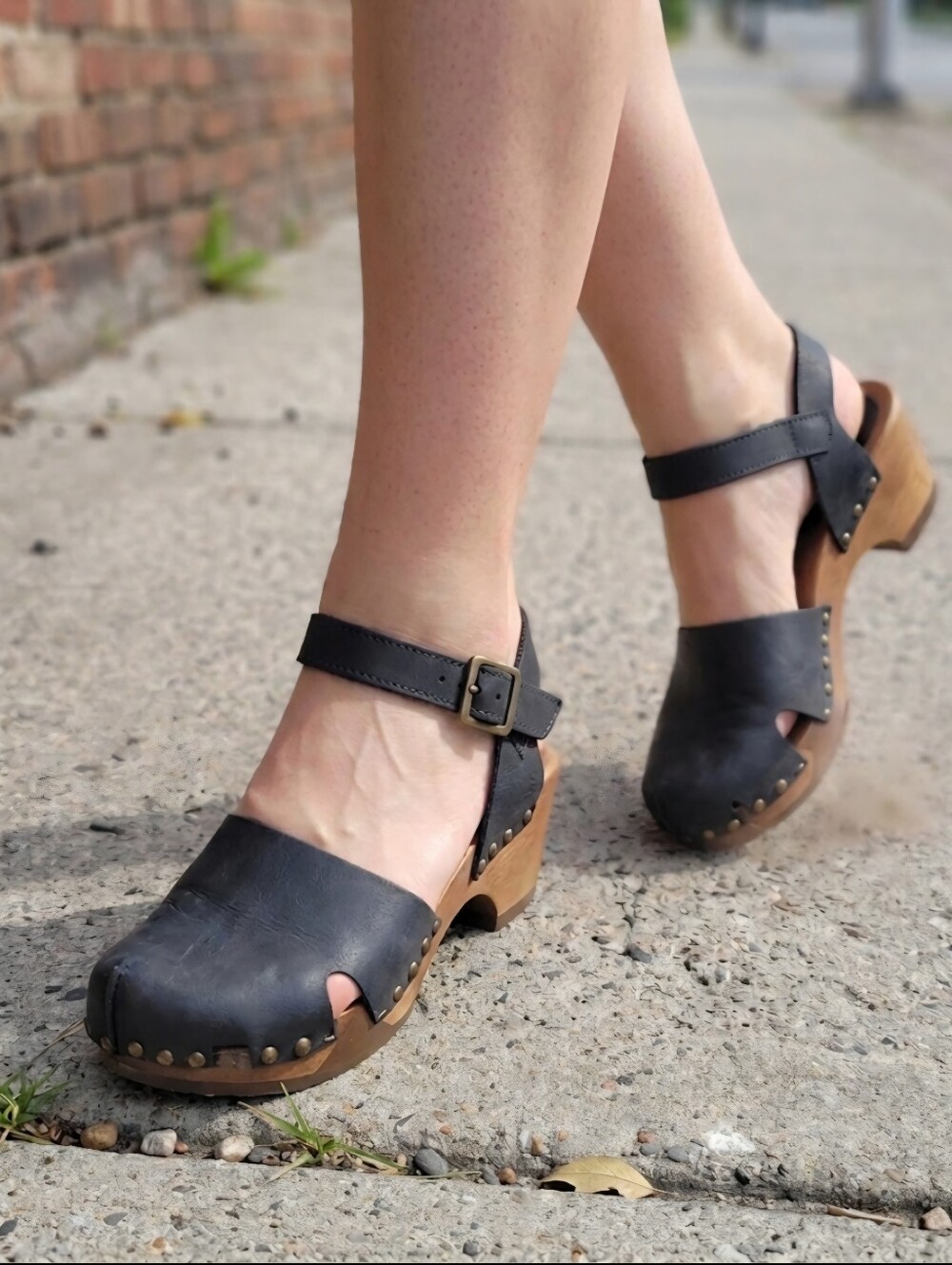 Loints of Holland Shoes Woodstock Leather Wooden Clogs Mules / S 9.5 / Black